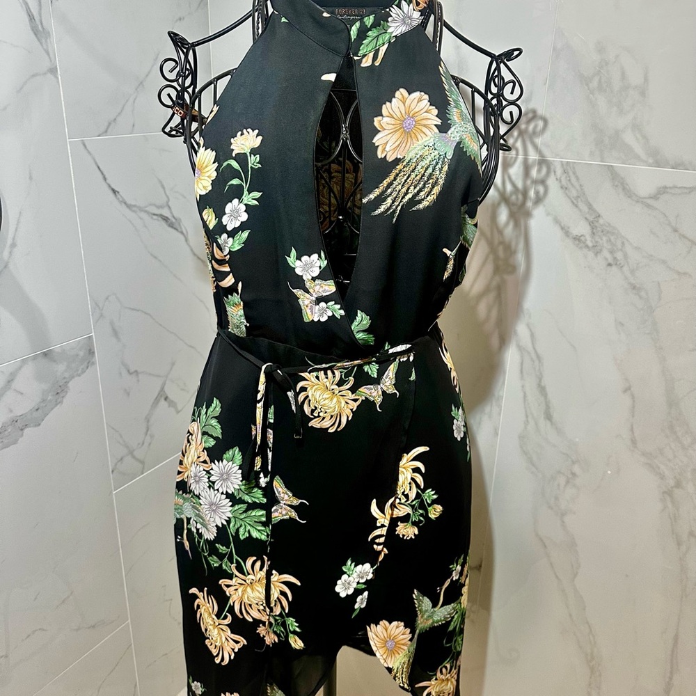 Floral Halter Neck Dress - Black